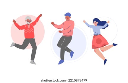 Happy Man and Woman Character Jumping Feeling Jubilation Vector Set