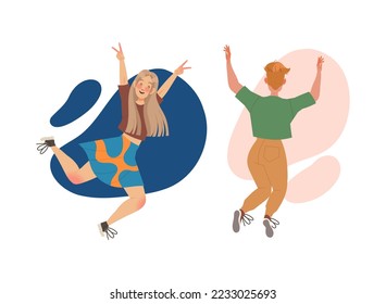 Happy Man and Woman Character Jumping with Joy Feeling Excitement Vector Set