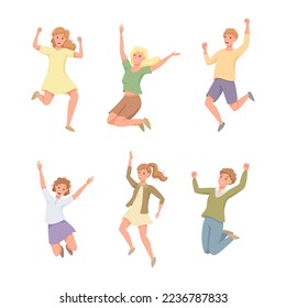 Happy Man and Woman Character Jumping with Raised Hands Vector Set