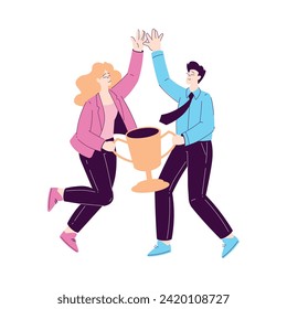 Happy Man and Woman Character Office Worker with Cup or Goblet Award Rejoicing and Cheering Vector Illustration