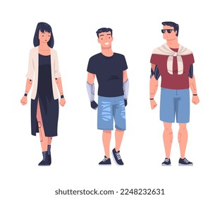 Happy Man and Woman Character with Replaced Robotic Body Part Prosthesis Restoring Normal Functioning Vector Set