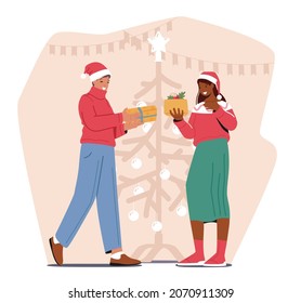 Happy Man and Woman Characters Presenting Gifts to Each Other, Merry Christmas Holiday Party. New Year, Eve Xmas Celebration. Loving Couple Winter Holiday Greetings. Cartoon People Vector Illustration