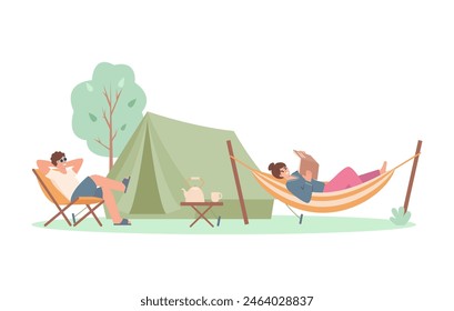 Happy man and woman characters relaxing in hammock and chair near touristic tent in forest. Tourist camping concept. Summer vocation vector illustrations isolated on white background.