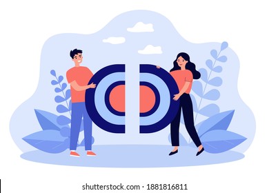 Happy man and woman connecting pieces of puzzle, holding halves of target. Vector illustration for relationships in couple, teamwork, challenge, career, togetherness concepts