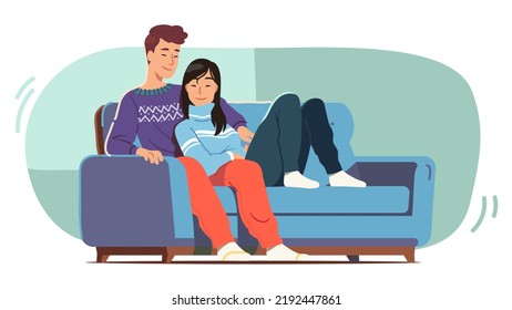 Hombre feliz, pareja de mujeres enamoradas relajándose sentados juntos en el sofá en casa. Esposa, marido, familia que abrazan el descanso. Relajación, ocio de fin de semana, relaciones felicidad ilustración vectorial plana