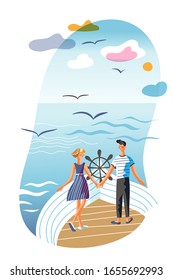 Happy man and woman couple lovers on ship deck. Romantic trip, honeymoon. Cartoon people characters falling in love. Natural marine scene with seagulls and cloudy sky. Vector flat illustration