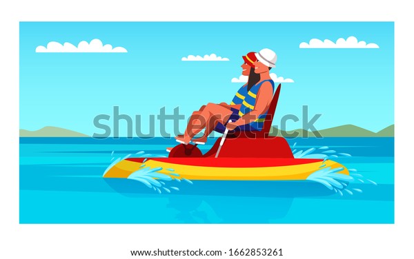 Happy man and woman couple riding foot pedal\
boat. Cartoon family characters driving pedal-operated vehicle.\
Water amusement on summer vacation. Tourism. Relaxation and rest.\
Vector flat illustration