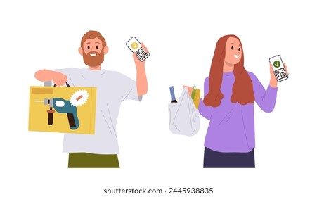 Happy man and woman customers cartoon characters paying for groceries and electronics by qr code