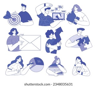 Happy Man and Woman with Dartboard, Thumb Up, Arrow, Lightbulb and Jigsaw Puzzle as Business Marketing Vector Illustration Set