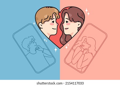 Happy man and woman dating texting online on social media on cellphone. Male and female couple talk virtual on smartphone. Remote relationships and communication. Vector illustration. 