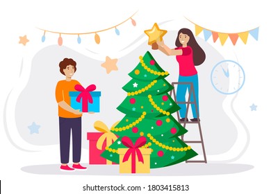 Happy man and woman decorates a Christmas tree vector illustration of a flat design. Cute smiling people decorating Christmas tree with baubles and garlands.