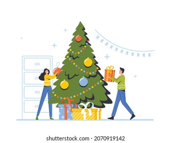 Happy Man and Woman Decorating Christmas Tree Put Balls on Branches and Gift Boxes. Characters Preparing for New Year and Xmas Celebration. Winter Season Holidays. Cartoon People Vector Illustration