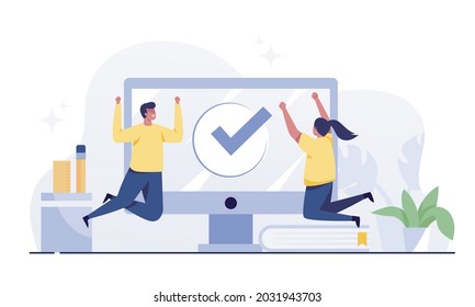 Happy man and woman and desktop with checkmark sign. Task completed or finished work concept.