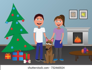 happy man and woman and dog standing together next the christmas tree cartoon vector illustration