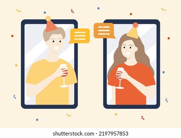 Happy Man And Woman Drinking Wine On Phone Screen With Colorful Confetti Background. Leisure, Holiday Celebration, Virtual Event Concept .Flat Vector People Design Illustration.