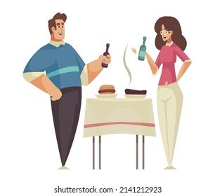 Happy man and woman eating grilled steak and burger drinking beer at bbq party flat vector illustration