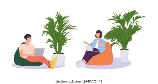 Happy man and woman employees characters working online using laptop at eco-friendly workplace