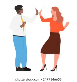 Happy man and woman employees giving high five vector illustration