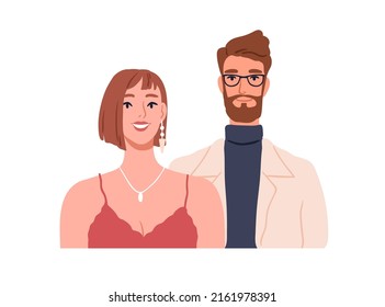 Happy man and woman, face portrait. Love couple of male and female smiling. Husband and wife together. Two romantic cheerful people. Flat graphic vector illustration isolated on white background