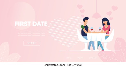 Happy Man Woman Flirt Chat Dinner at Restaurant Vector Illustration. Wine Glass on Table First Date Concept. Cartoon Boyfriend Girlfriend Conversation Romantic Anniversary Celebrate