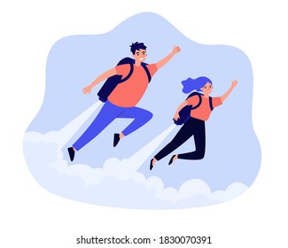 Happy Man And Woman Flying With Jet Pack. Metaphor Of People Using Boosters For Fast Growth. Vector Illustration For Rocket Pack, Business, Startup Topics