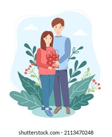 Happy man woman, gift concept. Young people standing hugging and holding a gift in their hands. Natural background of green leaves. Cute vector illustration.