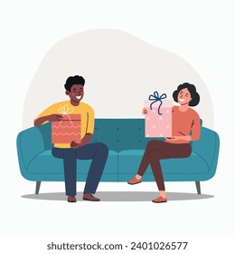 Happy man and woman with gifts boxes sitting on the sofa.Christmas vector flat cartoon  illustration