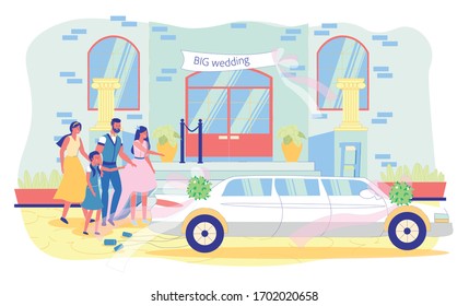 Happy Man, Woman, Girl, Guest Crowd Waving Newlyweds Sitting in Limousine. Big Wedding Celebration. See off on Honeymoon. Bridal Palace Facade Exterior. Bride and Groom Leaving Party Illustration