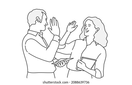 Happy man and woman give five. Informal greeting. Hand drawn vector illustration. Black and white.