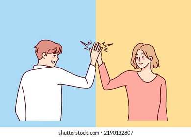 Happy man and woman give high five. Smiling people greeting outdoors. Body language and nonverbal communication. Vector illustration. 