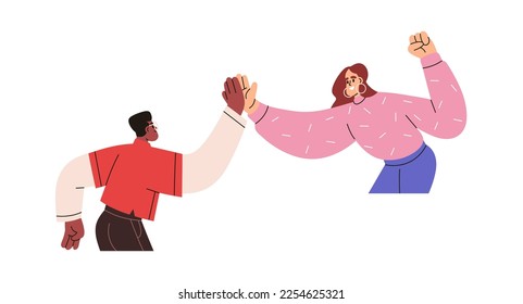 Happy man and woman giving high-five, supporting gesture, clapping hands together. Congrats, deal, trust, success, solidarity concept. Flat graphic vector illustration isolated on white background