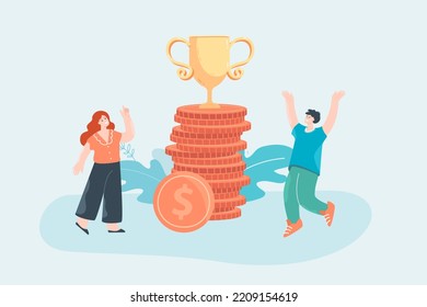 Happy Man And Woman And Gold Trophy On Stack Of Coins. Cheerful Couple Winning Cash Prize In Contest Flat Vector Illustration. Competition, Victory, Success Concept For Banner Or Landing Web Page