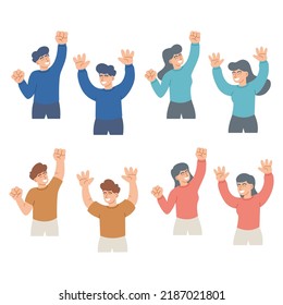 
Happy man and woman with hands up isolated. Set of people celebrating win or goal achievement. Flat Cartoon Vector.