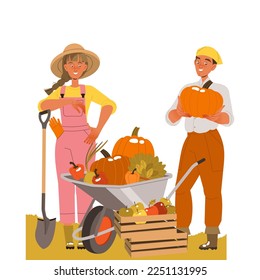 Happy Man and Woman Harvesting Standing Near Wheelbarrow Full of Ripe Agricultural Crops Vector Illustration