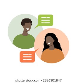 Happy man and woman having conversation with speech bubbles. Positive communication, business corporation, relationship concepts. Flat vector people character design isolated illustration.