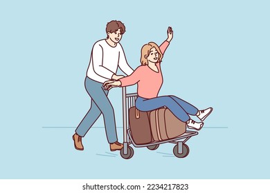 Happy man and woman heading for summer trip with big suitcases looking forward to good vacation. Guy rides joyful girl in casual clothes on bag cart from airport. Flat vector illustration