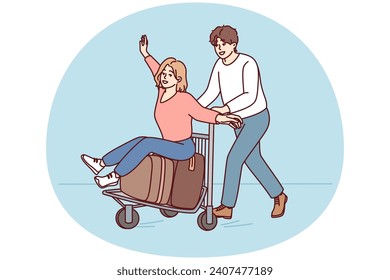 Happy man and woman heading for summer trip with big suitcases looking forward to good vacation. Guy rides joyful girl in casual clothes on bag cart from airport. Flat vector illustration