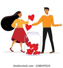 Happy man and woman with hearts in glass on the white background