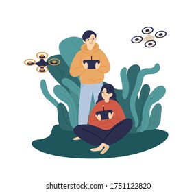 Happy man and woman hold remote control of quadcopter vector flat illustration. Couple hide in bushes with drone device monitoring at park isolated on white. Joyful people playing with quadrocopters