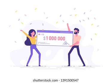 Happy man and woman holding a bank check for a million dollars. Lottery gain or grant concept. Vector illustration in flat design.