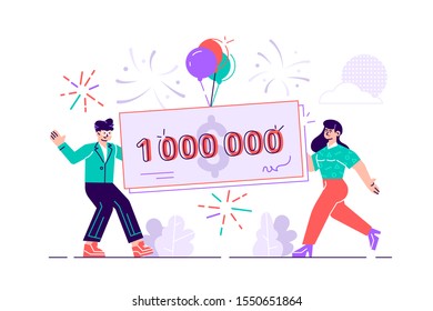 Happy man and woman holding a bank check for a million dollars. Lottery gain or grant concept. Modern flat style vector illustration in cartoon design. Winner announcement concept. We have a winner.