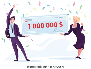 Happy man and woman holding a bank check for a million dollars. Lottery gain or grant concept. Vector illustration in flat design.