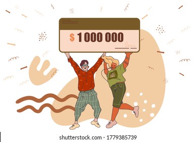 Happy man and woman holding a bank check for a million dollars. Lottery gain or grant concept. Vector illustration in flat design. Stylish modern vector illustration card with funny characters.