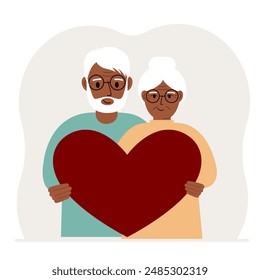 Happy man and woman holding a big red heart in their hands. Vector flat illustration of love.