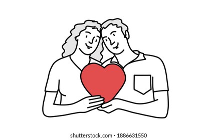 Happy man and woman holding heart. Hand drawn vector illustration. 