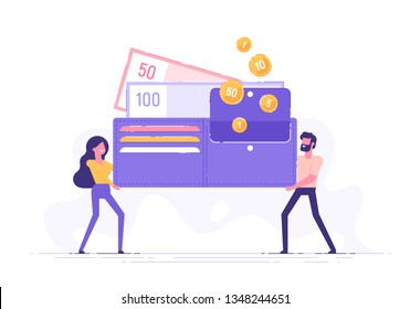 Happy man and woman are holding a huge wallet with money and credit cards. Family budget and finance concept. Home savings and investments. Modern vector illustration.