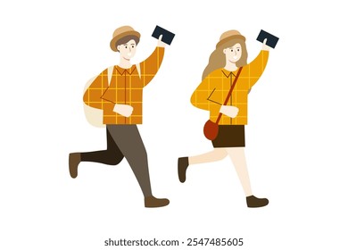 Glücklicher Mann und Frau mit Pass. Urlaub, Tourismus, Reise, Reisekonzepte. Flache Menschen Zeichen Vektor Design Illustration.