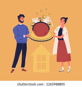 Happy Man And Woman Holding Purse Or Wallet With Coins And Banknotes. Concept Of Family Or Household Budget, Financial Planning, Money Managing And Saving. Vector Illustration In Flat Cartoon Style.