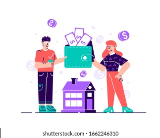 Happy man and woman holding purse or wallet with coins and banknotes. Concept of family or household budget,financial planning, money managing and saving.Flat style vector design cartoon illustration 