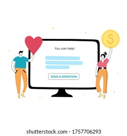Happy man and woman holds a heart or like and money. The concept of volunteering. Flat vector cartoon illustration. Donations online poster, banner.